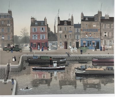 Lot 215 - Michel Delacroix (French, b.1933) signed limited edition print - Canal boats, 60cm x 72cm in mount unframed