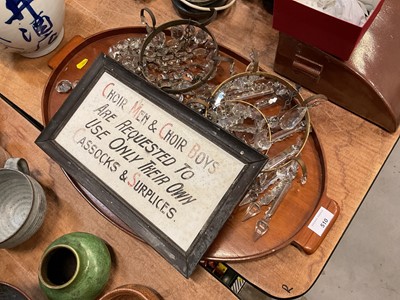 Lot 510 - Vintage choir men and choir boys sign, together with an oval wooden tray and prismatic drop light shades