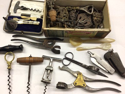 Lot 382 - Group of antique and later corkscrews, Lund bottle opener, old penknife and other items