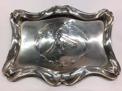 Lot 1097 - Art Nouveau silver tray with Mary and baby Jesus relief decoration, 31cm x 23cm