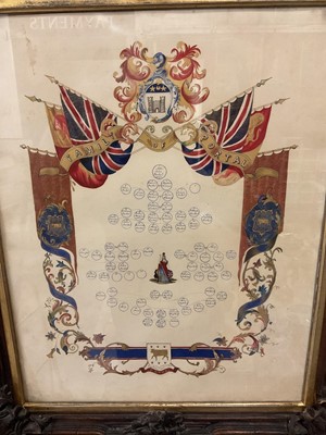 Lot 517 - Charming Victorian family tree- The Family Of Portal, in watercolour heightened in gilt, “Lucy Portal Delin 1849”. In its original highly decorative carved oak frame. 55x42cm