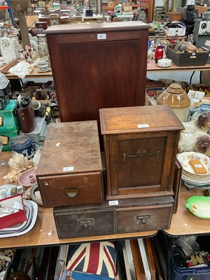 Lot 518 - Edwardian oak smokers cabinet, together with an oak double index card box, another oak index card box and a cabinet with shelf to interior (4)