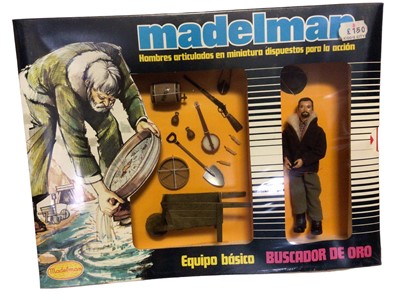 Lot 155 - Madelman (1977-1983) Cazador Trampero Ref: 510 & Buscador de Oro Ref: 503 Equipo Basico with 6 1/2" action figure, in window box (one sealed) (2)