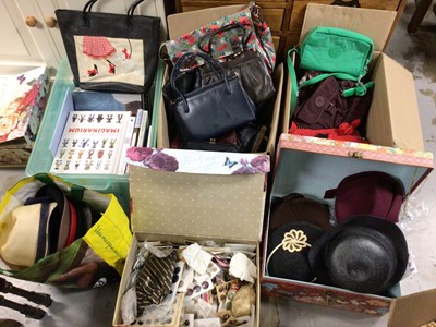 Lot 585 - Quantity of bags including Kipling, vintage hats, clothing, knitting related books, buttons etc