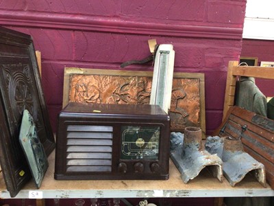 Lot 781 - Sundry items, including a bakelite radio, carved oak panel, etc