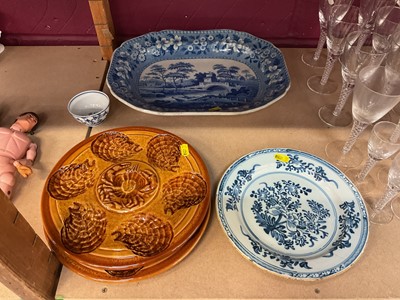 Lot 539 - 19th century Spode blue and white transfer printed ashet, together with an 18th century Delft blue and white plate and two French Oyster plates and a tea bowl.