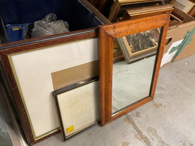 Lot 543 - Small wall mirror in burr maple frame, together with another maple frame, other frames and prints.