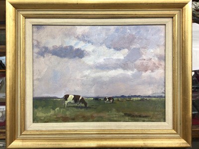 Lot 262 - K. B. Thompson acrylic on board - Cows on the Marshes, Suffolk '83, in gilt frame 41cm x 51cm overall