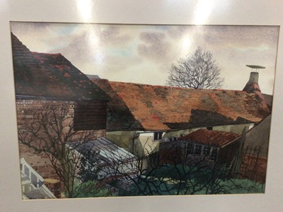 Lot 392 - Watercolour of a row of cottages, indistinctly signed and dated 1977, 52cm x 36cm