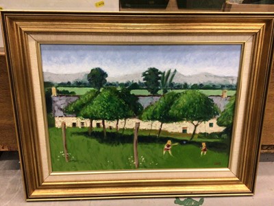 Lot 396 - Framed painting of two girls playing in a garden, 49cm x 34cm, indistinctly signed