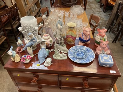 Lot 563 - Continental porcelain table centre, together with Wade NatWest Pigs, Lladro, Nao and other ceramics.