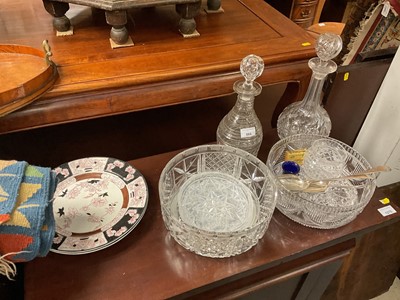 Lot 566 - Silver backed hand mirror, part set of silver coffee spoons, cut glass decanters and other items.
