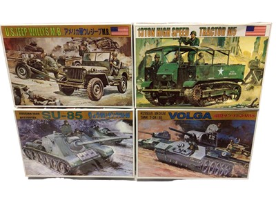 Lot 197 - Fujimi 1:76 Scale World Armor Series SU-85 Russian Tank Destroyer & Volga Tank T-34/85, plus International 1:72 Scale 13 Ton High Speed Tractor M5, US Jeep Willys M.B., & Gasoline Tank Truck (x4),...