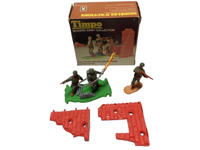 Lot 202 - Timpo Toys Modern Army Collection Flame Thrower team and 1 standing soldier and shell torn wall, boxed  (end flap slightly torn) No.777 (1)