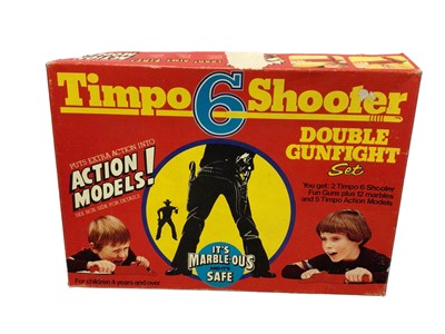 Lot 205 - Timpo Toy 6 Shooter Double Gunfight Set with Shooters & 5 Cowboys/Indians (marbles missing) with oirignal internal packaging, boxed (lid damaged by tape removal) (1)