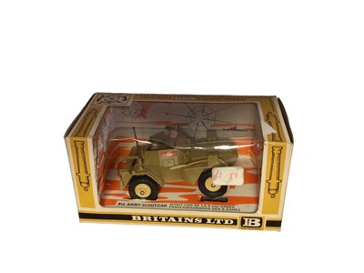 Lot 222 - Britains Afrika Korps Kubelwagen No.9785 & 8th Army Scout Car No.9785 (x2), boxed (3)
