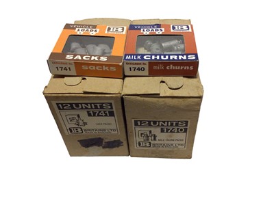 Lot 235 - Britains Plain Trade Boxes Pre 1984 Churns 1740 (contents 5 items) & Sack Packs 1741 (contents 7 items), plus 3 feed mangers, hurdles, pig shelters & 3 churns, all boxed