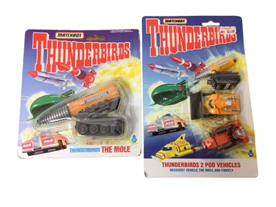 Lot 256 - Matchbox Thunderbirds 1 & 3, The Mole, Thunderbirds 2 Pod Vehicles, FAB1 & Parker, on card with bubblepack etc (8 items)