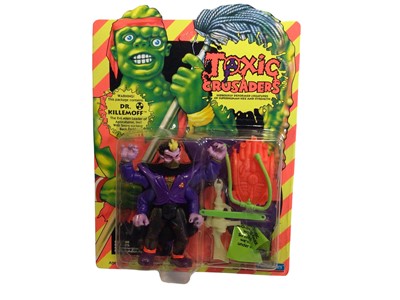 Lot 358 - Playmates (1990) Toxic Crusaders (Hideously Deformed creatures of Superhuman Size & Strength) Dr. Killemoff -The Evil Alien Leader of Apocalypse action figure with smog-sucking back pack, on card w...