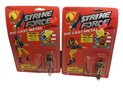 Lot 263 - Ideal Lion Rock (1981) Strike Force diecast 3 3/4" action figures The Cat No.6872-6, Stryker No.6870-0, Big Bro No. 6873-4 & Sgt. Brown no. 6867-6, all on punched card with Comic Strip & Weapon Det...