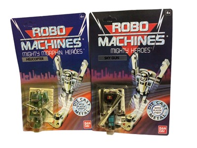 Lot 388 - Bandai Robo Machines Mighty Heroes diecast transformers Helicopter & Sky Gun, plus Lanrd Atomic Power Warriors  action figures, all on unpunched card with bubblepack (5)