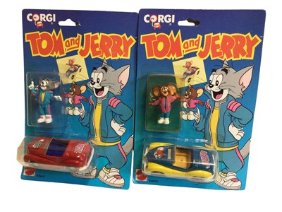 Lot 271 - Corgi Mattel (c1993) Tom & Jerry diecast vehicles and plastic characters (Complete Set), No. 9340, plus Lickboot & Robyn No. 93691, all on punched card with bubblepack (5)