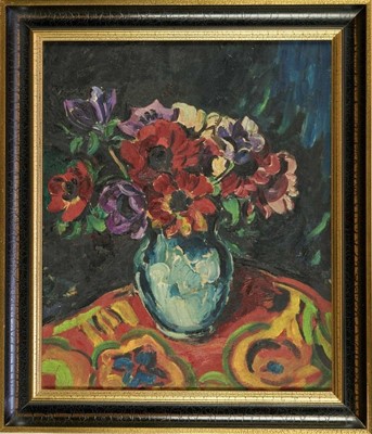 Lot 1210 - Rowley Smart (1887-1934), oil on canvas - Still Life vase of flowers on a patterned tablecloth, apparently unsigned, 46cm x 38cm, framed