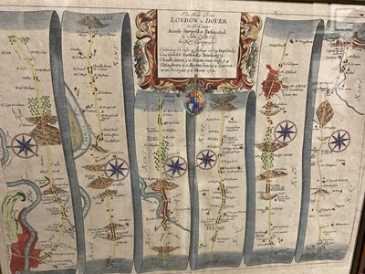 Lot 594 - London to Dover - 18th century road map, small group of further maps and engravings