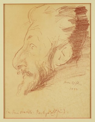 Lot 1208 - Manner of Augustus John (1878-1961) crayon sketch - Head in profile, indistinctly signed and dated 1933, inscribed, 31cm x 23.5cm, in glazed frame