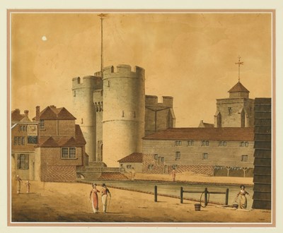 Lot 1212 - W. Taylor, early 19th century, pair of naive watercolours - The Westgate, Canterbury, circa 1816, 28cm x 35cm, in glazed frames