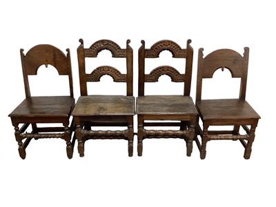 Lot 1509 - Two pairs of 17th century joined oak back stools