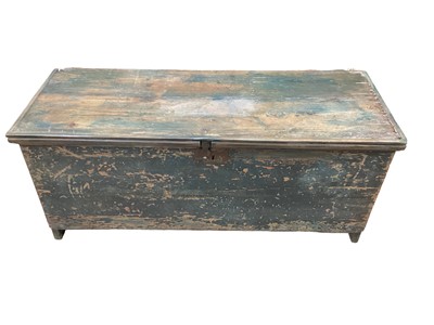 Lot 1512 - Late 18th/early 19th century pine panel boarded chest with original blue paint, restored, 3.10ft long x 1.7ft high x 1.5ft deep.