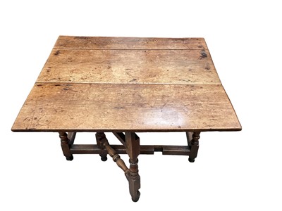 Lot 1514 - Early 18th century honey oak drop leaf table on turned and block understructure.  3.3ft wide x 3ft deep. Provenance:  Ormsby-Gore family.