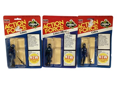 Lot 257 - Palitoy Action Man Action Force Cobra Officer, Cobra (x2) & red Shadow (x3), on card with blister pack (6)