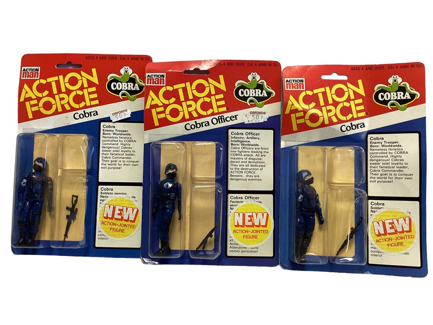 Lot 258 - Palitoy Action Man Action Force Cobra Officer, Cobra (x2) & Red Shadow (x3), on card with blister pack (6)