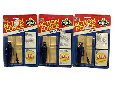 Lot 259 - Palitoy Action Man Action Force Cobra Officer, Cobra (x2) & Red Shadow (x3), on card with blister pack (6)