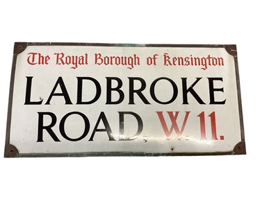 Lot 10 - Original enamel The Royal Borough of Kensington, Ladbroke Road, W.11., London street sign, in original outer mount, 83 x 42cm overall