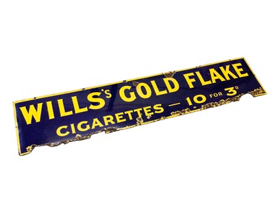 Lot 28 - Original 'Wills's Gold Flake Cigarettes - 10 for 3d' blue and yellow enamel advertising sign, 183cm x 38cm