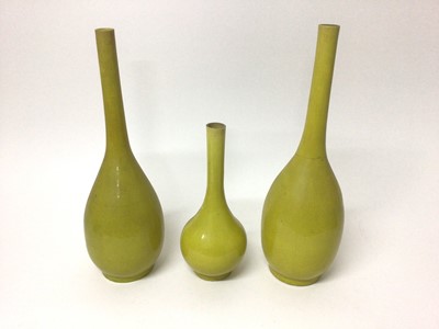 Lot 2 - Three graduated 19th century Chinese/Japanese yellow monochrome crackle-glazed bottle vases, 25cm to 39cm high