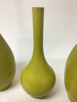 Lot 2 - Three graduated 19th century Chinese/Japanese yellow monochrome crackle-glazed bottle vases, 25cm to 39cm high