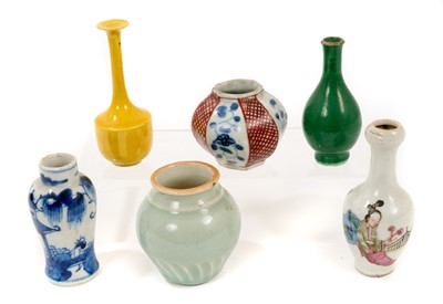 Lot 4 - Six miniature 19th century Chinese and Japanese vases, including one blue and white, one famille rose, and two monochrome, 8cm to 9.5cm high