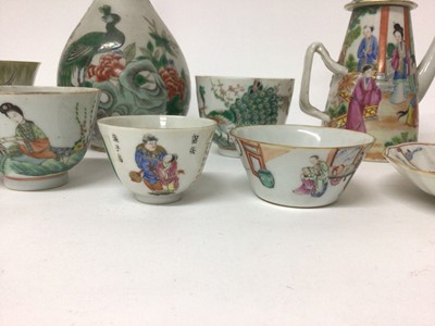 Lot 8 - Group of 19th century Chinese famille rose porcelain tea wares, including a Canton coffee pot, together with a famille verte bottle vase (10)