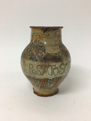 Lot 12 - Late 17th/early 18th century Italian maiolica wet drug jar, inscribed 'Rosato Solutivo' (syrup of roses), 19.5cm high, together with two Italian or Spanish polychrome maiolica tiles, decorated with...