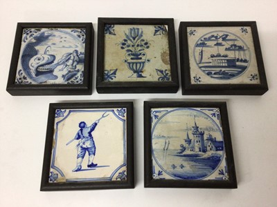 Lot 13 - Group of five framed 18th century Dutch blue and white delftware tiles, including Jonah and the Whale