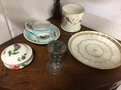 Lot 59 - Group of ceramics and glass, including a Meissen pot, cover, cup and saucer, a continental enamelled glass, a mug dated 1830 and a Crown Derby plate (7)