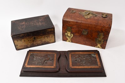 Lot 835 - Victorian burr walnut equestrian themed tea caddy, another, and a book shelf