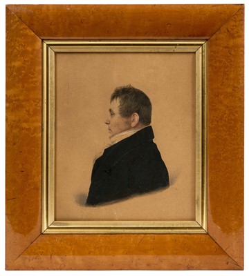 Lot 844 - Attributed to Frederick Frith (1819-1871) watercolour on paper portrait miniature of a Gentleman in profile, signed, 19 x 15cm, in glazed birds-eye maple frame