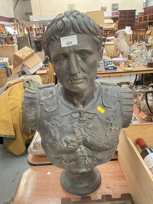 Lot 405 - Bronzed terracotta bust of Julius Caesar, approximately 56cm in height.