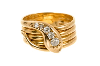 Lot 531 - Antique 18ct gold and diamond snake ring