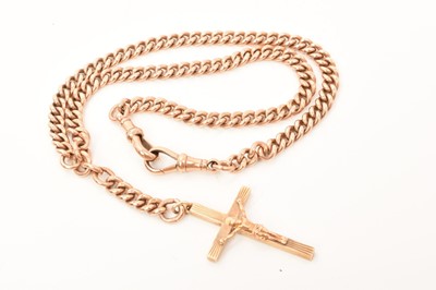 Lot 537 - Edwardian 9ct rose gold curb link watch chain with 9ct gold crucifix pendant